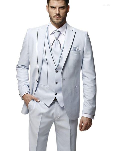 Trajes de hombre Líneas negras Solapa con muescas Marfil 3 piezas Boda para hombre Esmoquin ajustado Chaqueta de padrino Chaleco Pantalones Pantalones de chaqueta hechos a medida