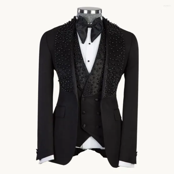 Trajes para hombres Negro Black Luxury Boaded's Wedding's Boded Tuxedo Traje de tres piezas Traje de baile de graduación masculina Ropa a medida