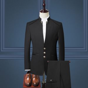 Trajes para hombres Collar de mandarín negro para hombres 2 piezas GROUMS FORMALES BODA BLAZER PROUNT (Pantalones de chaqueta)