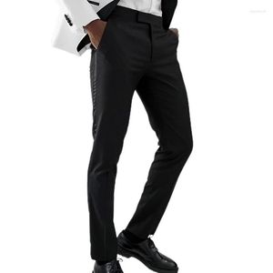 Costumes pour hommes noir hommes pantalons avec côté Satin rayure une pièce coupe ajustée classique mâle pantalon vêtements de mode officiels pour la soirée de mariage