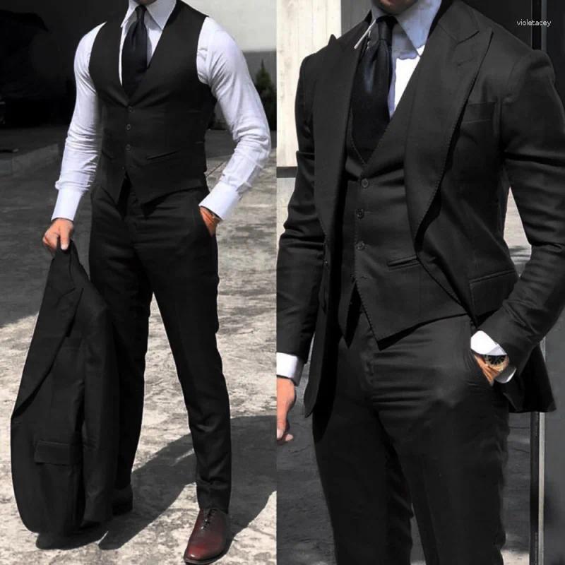 Mäns kostymer svarta män passar Business Office Jacket byxor Väst tre-stycken Set Slim Fit Outfit Wedding Tuxedo för manliga high-end anpassade kläder