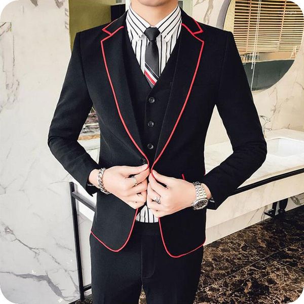 Trajes para hombres Black Men Boda Roja Notched Lapel Casual Business Blazers 3 PIEZA COSTUME HOMME GROUM TUXEDO SLIM FIT TERNO MASC