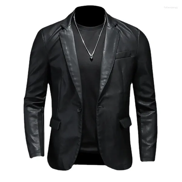 Trajes para hombre, chaqueta de cuero Pu negra, abrigo de marca de alta calidad, Blazers con cuello con muescas ajustados, chaquetas informales de imitación para hombre