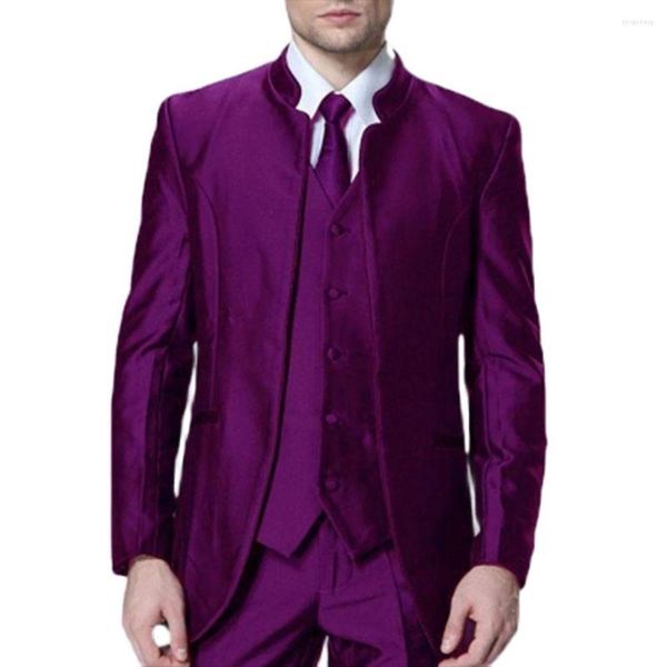 Costumes pour hommes noir/violet/vert col montant Blazer pantalon hommes Costume Homme Slim Fit smoking marié fête porter 3 pièces veste pantalon gilet