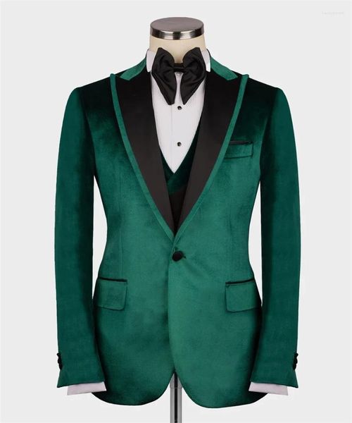 Trajes para hombre, traje completo de terciopelo verde con cuello de satén negro, chaqueta ajustada de 3 uds, chaleco, pantalones personalizados modernos para hombre