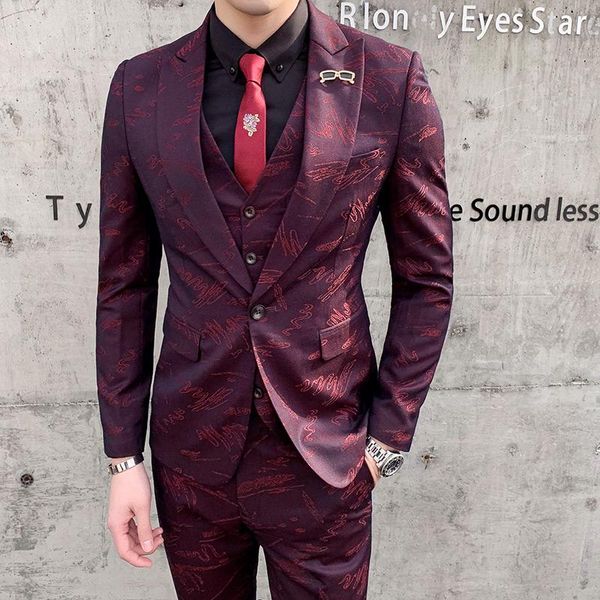 Trajes para hombre, versión coreana negra de un solo pecho, traje ajustado, vestido de boda para novio de negocios, chaquetas de alto grado (abrigo, chaleco, pantalones)
