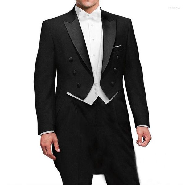 Trajes de hombre negro boda novio hombre cola abrigo con doble botonadura Caballero 3 piezas conjunto personalizado moda chaqueta chaleco blanco pantalones