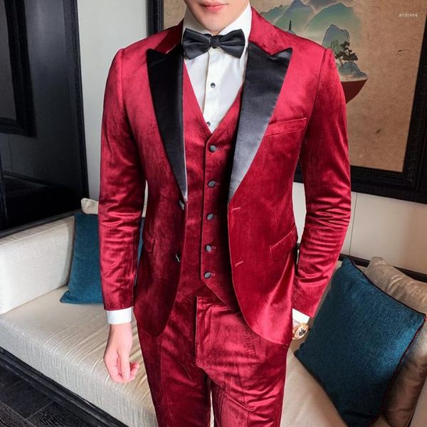 Trajes de hombre, traje de terciopelo rojo vino negro para hombre, esmoquin de cuello chal para novio, Borgoña, boda, ajustado, fiesta de graduación, hombre Q656