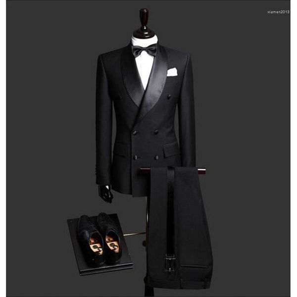 Trajes de hombre negro con doble derramado causal boda para hombre 2 piezas novio esmoquin Prom trajes delgados (chaqueta pantalones corbata)