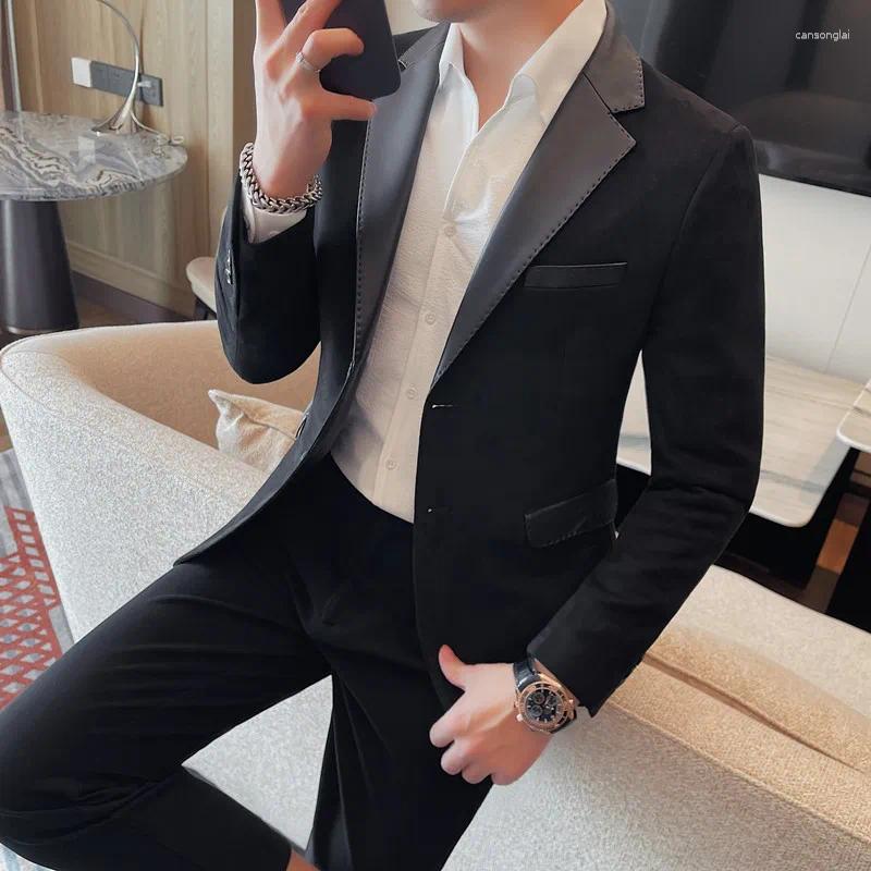 Men's Suits Blazer Jackets For Men High Quality PU Leather Spliced Turn Down Collar Mens Casual Jacket Korean Luxury Clothing Suit Coats 4XL
