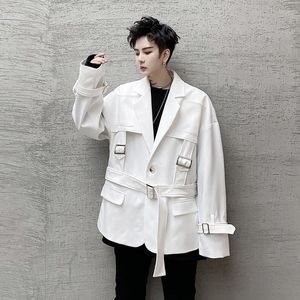 Herenpakken blazer masculino herfst en winter persoonlijkheidsriem concave vorm casual pak kleine trendy mannen Japanse jas