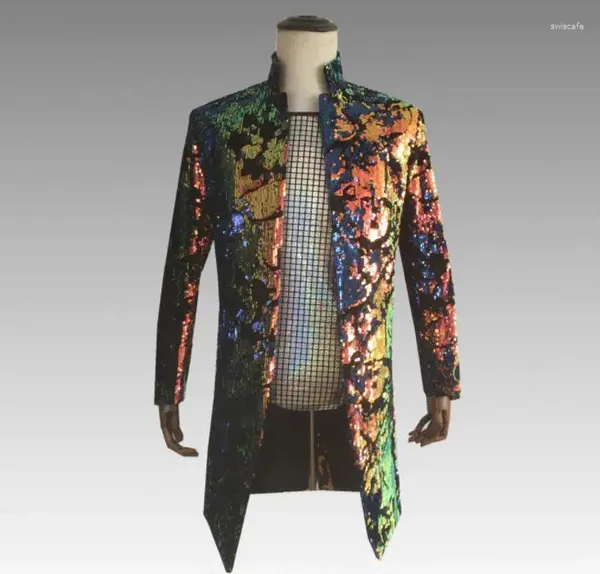 Trajes para hombres Blazer Diseños para hombres Chaqueta para hombre Abrigos largos Cantantes de escenario Ropa Estilo de estrella de baile Vestido de lentejuelas con chip estampado colorido