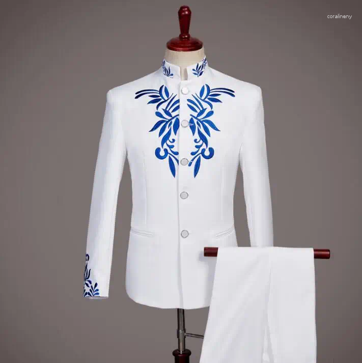 Herrdräkter blazer män formell klänning senaste kappa byxa design broderi kinesiska tunika terno maskulino byxa bröllop