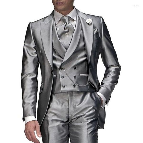 Costumes pour hommes Blazer Hommes Costume De Mariage Argent Gris Veste Pantalon Gilet Trois Pièces Simple Poitrine Tuxedo Terno Eelgant Slim Fit Costume De Bal