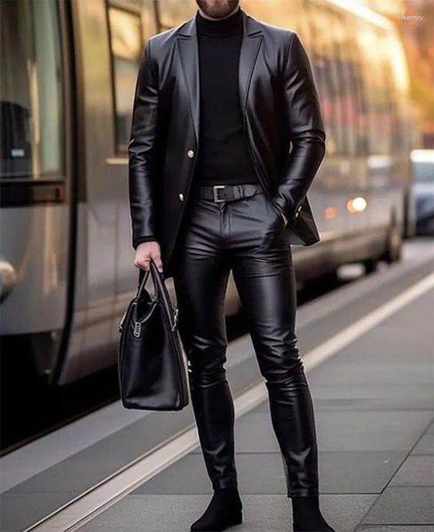 Trajes para hombres pantalones blazer 2pcs set delgada fit de solapa negra chaqueta de cuero puro