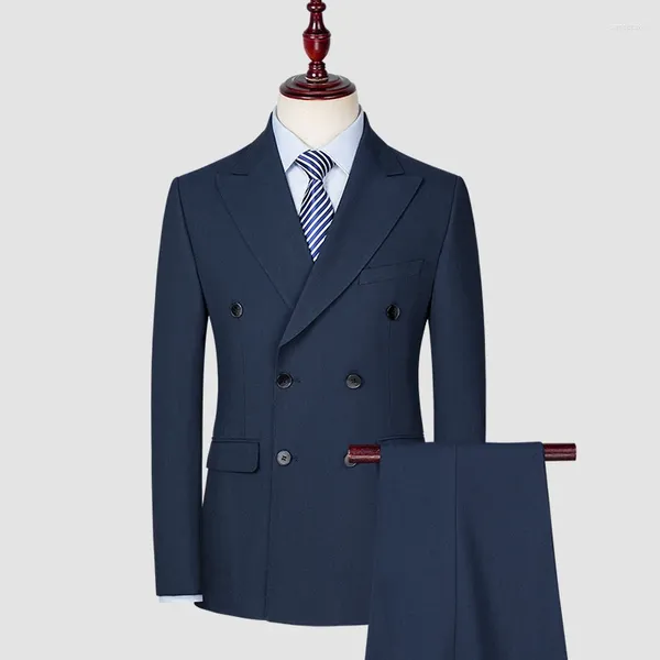 Costumes pour hommes (Blazer Pantalon) Mode Style britannique Business Gentleman Simple Couleur unie Double boutonnage Casual Ensemble de mariage 2 pièces