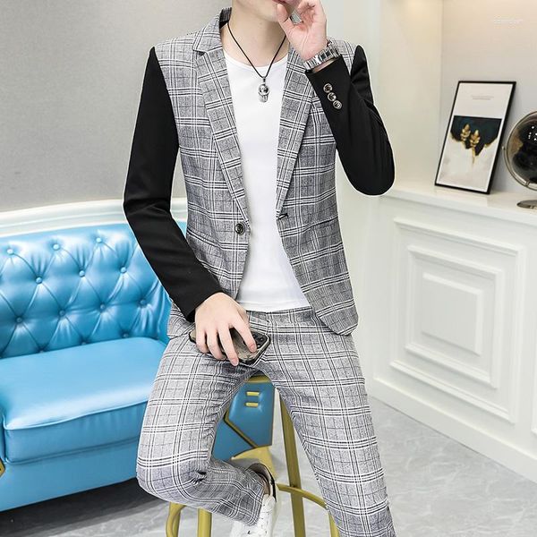 Costumes pour hommes (Blazer Pantalon) Mode Business Casual Version coréenne Slim Gentleman Plaid Mariage Élégant Style britannique Costume 2 pièces