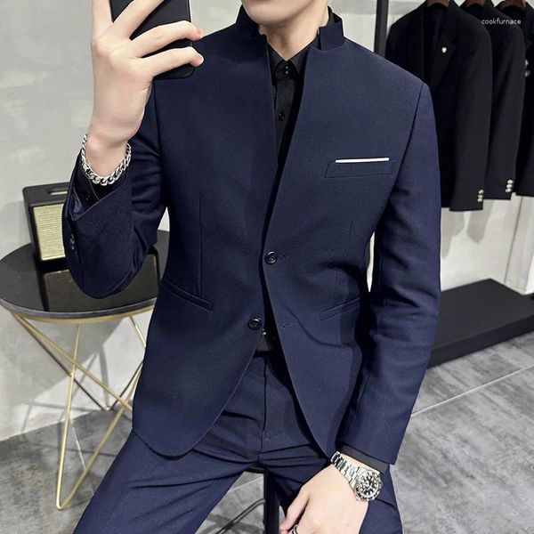 Costumes pour hommes (Blazer Pantalon) Senior Counter Qualité Hommes Mode Slim Gentleman Casual Style Chinois Col Montant Zhongshan Costume 2 Ensembles