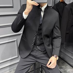 Costumes pour hommes (Blazer Pantalon Gilet) Style chinois Hommes 3 pièces Slim Fit Casual Business Stand Col Tuxedos formels pour les garçons d'honneur de mariage