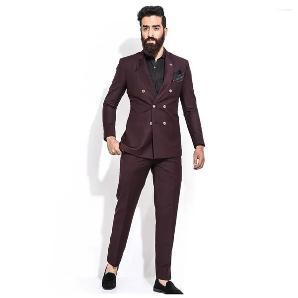 Trajes de hombre conjuntos de chaqueta para hombre traje de doble botonadura Borgoña para hombre vestido de fiesta para novio boda 2 piezas (pantalones de chaqueta