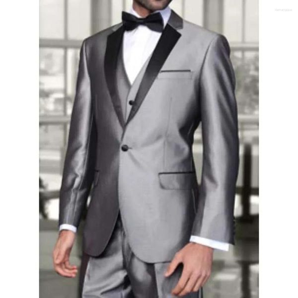 Trajes para hombres Blazer Suist Satinada de satén gris Homme Notch Lapa de una sola pecho elegante 3 piezas Pantalones chaleco Terno