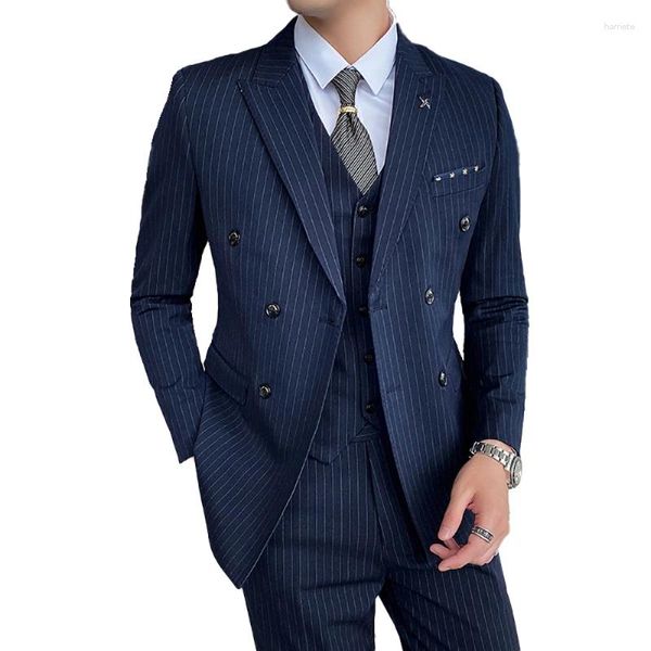 Trajes para hombre (Blazer, chaleco y pantalones), Boutique de moda, traje de negocios informal a rayas, marca de gama alta, vestido de boda Formal para novio, esmoquin