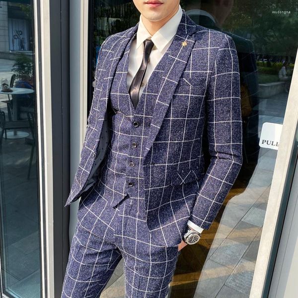 Trajes de hombre Blazer Chaleco Pantalones Raya a cuadros para hombre Traje formal de oficina de negocios Novio Vestido de boda Fiesta Anfitrión Hombres Esmoquin delgado coreano