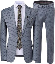 Herenpakken blazers 2 stuks trouwpak stippen bedrukte slanke fit inkeping rapel tuxedos grijze blazer broek 221202