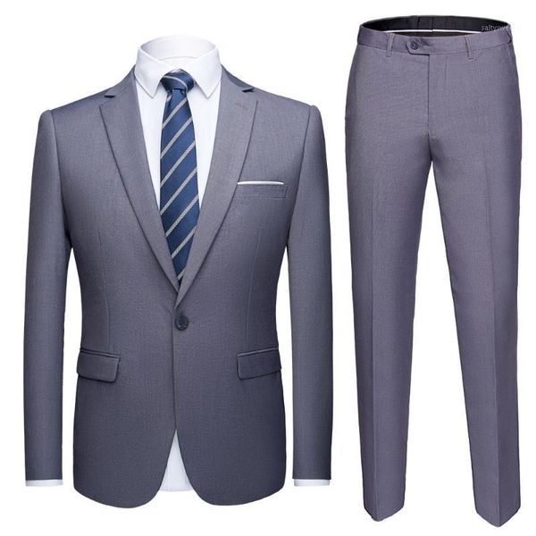 Costumes pour hommes Blazers 2021 taille asiatique hommes ensemble gris formel Blazer pantalon mariage smoking mâle 2 pièces costume Terno mariage mince 2303