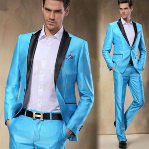 Costumes pour hommes Blazers 2021 Coupe confortable Arrivée Bleu ciel Satin Groom Tuxedos Slim 2 pièces Hommes Mariage Bal Dîner Fête 274x