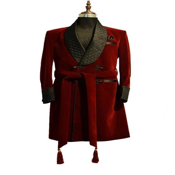 Costumes pour hommes Blazers 2021 Longues Vestes de fumer en velours bordeaux Noir Châle Revers Tuxedos formels Lâche Vintage Rétro Fête Pr309W