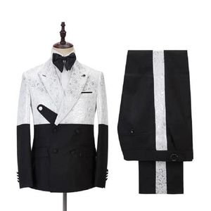 Pakken voor heren Blazers 2022 Uniek ontwerp Wit patroon Kostuum Homme Heren 2 stuks Bruidsjonkers Bruiloft Smoking Terno Masculino Sli238z