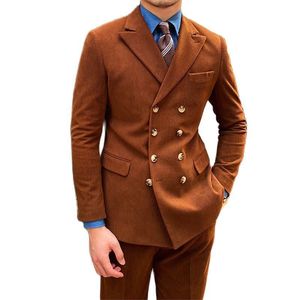 Costumes pour hommes Blazers 2023 Arrivée Marron Fine Velours Côtelé Revers À Double Boutonnage Huit Boutons Hommes Costume Pour Les Affaires Formelles Slim Fit Wear