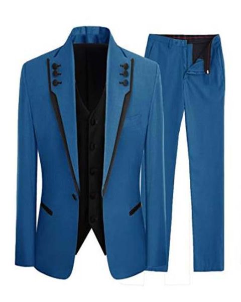 Trajes para hombres Blazers 2023 Llegada Lake Blue Men Blazer hecho a medida Pantalón para abrigo de boda Novio Ropa de fiesta 3 piezas Chaqueta Chaleco negro Pantalones