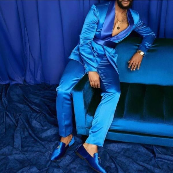 Costumes pour hommes Blazers 2023 Mode Italien Bleu Satin Hommes Costume Ensemble Slim Fit Brillant Robe De Mariée Marié Tuxedo Costume Sur Mesure HommeBlazerPants 230909