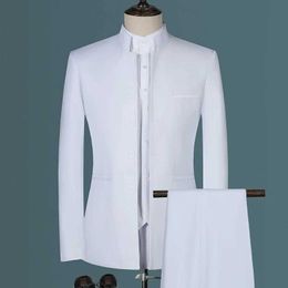 Herenpakken blazers 2023 modeheren casual boetiek wit opstaan kraag Chinese stijl 3 pc's pak set slanke fit blazers jas jas broeken vest