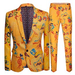 Herenpakken Blazers 2023 Mode Heren Casual Chinese Stijl Geel Draakpatroon Pak Mannelijke Slanke Stage Party Host 2 Stuks Sets Jas Broek 230909