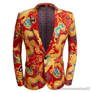 Costumes pour hommes Blazers 2023 mode hommes décontracté Style chinois rouge Dragon motif costume/mâle mince scène fête 2 pièces Blazers ensembles veste pantalon