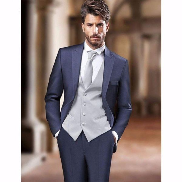 Trajes para hombres Blazers 2023 Última solapa de muesca Azul marino Venta por encargo Dos botones Moda Cena Fiesta Blazer 3 piezas Flaco