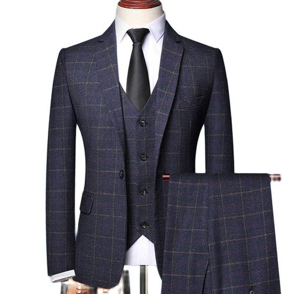 Trajes para hombres Blazers 2023 Hombre Formal Business Azul marino Tweed Plaid Muesca Solapa Traje de un botón para Boutique de moda Boda Slim Fit Dres