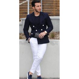 Herenpakken Blazers 2023 Navy Blue Double-Breasted Men Pak Casual Blazer Man Tuxedo Custom Jacket Style 2pcs (jas witte broek)