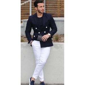 Costumes pour hommes Blazers 2023 bleu marine à double boutonnage hommes costume blazer décontracté homme smoking personnalisé veste Style 2 pièces (veste pantalon blanc)