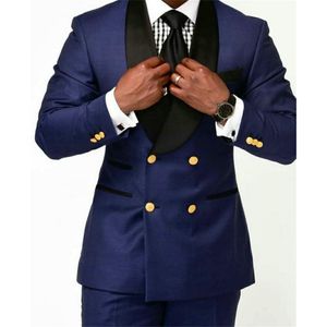 Herenpakken Blazers 2023 Navy Blue Mens Slim Fit Groomsman Gold Knop Dubbele borsten Party Tuxedo Bruidegom voor mannen Wedding Morning Blazer