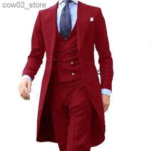 Trajes para hombres Blazers 2023 Nuevo Arrivel Diseños de abrigos largos Traje rojo chino para hombres Traje para hombre suave Esmoquin Prom Blazer Personalizado 3 piezas (chaqueta + chaleco + pantalones) Q230103