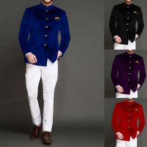 Costumes pour hommes Blazers 2023 Costume de velours bleu royal Hommes Blazer à col montant sur mesure Groomsmen Mariage Vêtements de mariage Veste avec pantalon