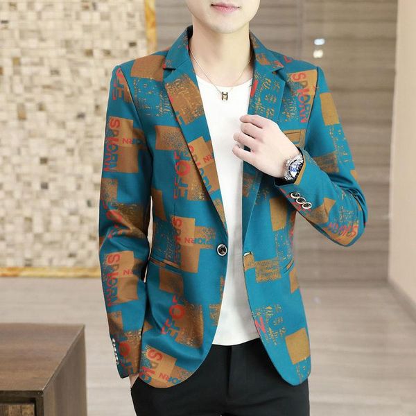 Trajes para hombres Blazers 2023 Traje delgado Prom For Men Chaqueta Spring Spring Personalizado Impresión Gold Blazer Chaqueta Hombre Verde formal