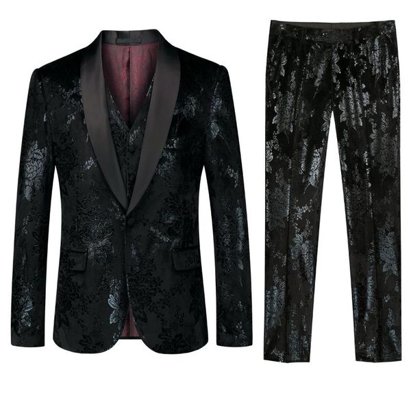 Trajes para hombre Blazers 2023 Cena de terciopelo Hombre Vestido de partidario Proceso de impresión Cuello de fruta verde Tres piezas Negro