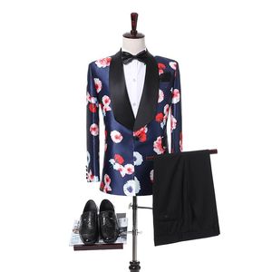 Trajes de hombre Blazers 2 uds boda novio esmoquin patrón Floral Slim Fit hombres chaqueta pantalones tela brillante moda masculina Blazer traje conjunto