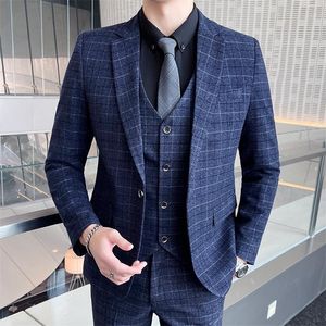 Herenpakken Blazers 3 PCS Pak Sets Jacket Pants Vest / Fashion Men Casual Boutique Business Slim Plaid Formal Dress Blazers broek Waistcoat 220909