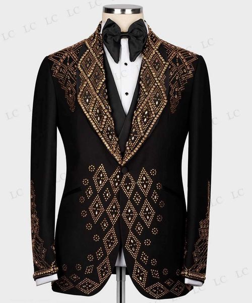 Costumes pour hommes Blazers 3 pièces Mens un bouton Crystal Gold Perle Diamond Wide Tailcoat Ultra-Thin Wedding Groom Ball Plus Taille pour les invités Q240507